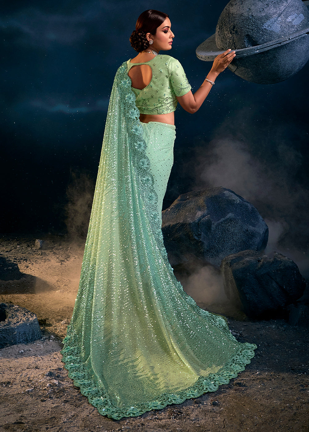 Stunning Sea Green Embroidered Saree with Intricate Detailing