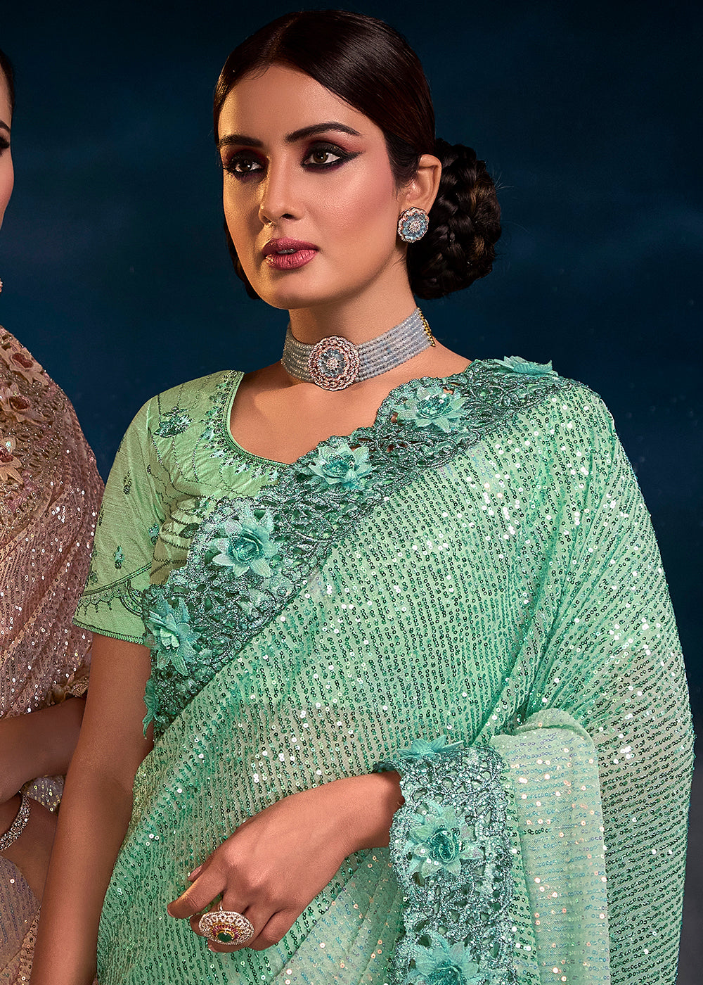 Stunning Sea Green Embroidered Saree with Intricate Detailing