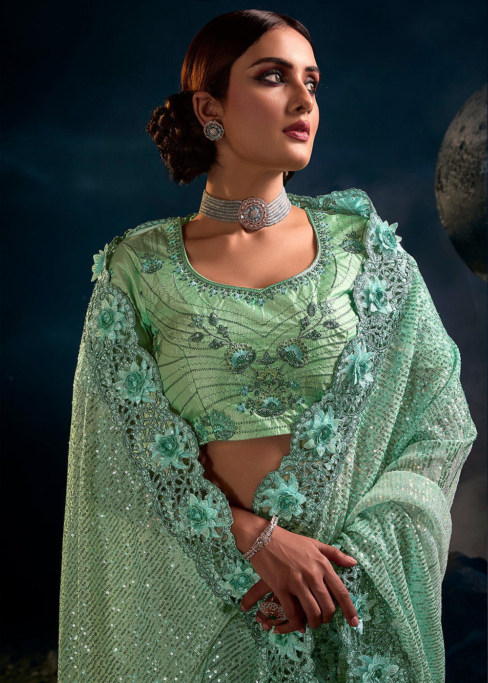 Stunning Sea Green Embroidered Saree with Intricate Detailing