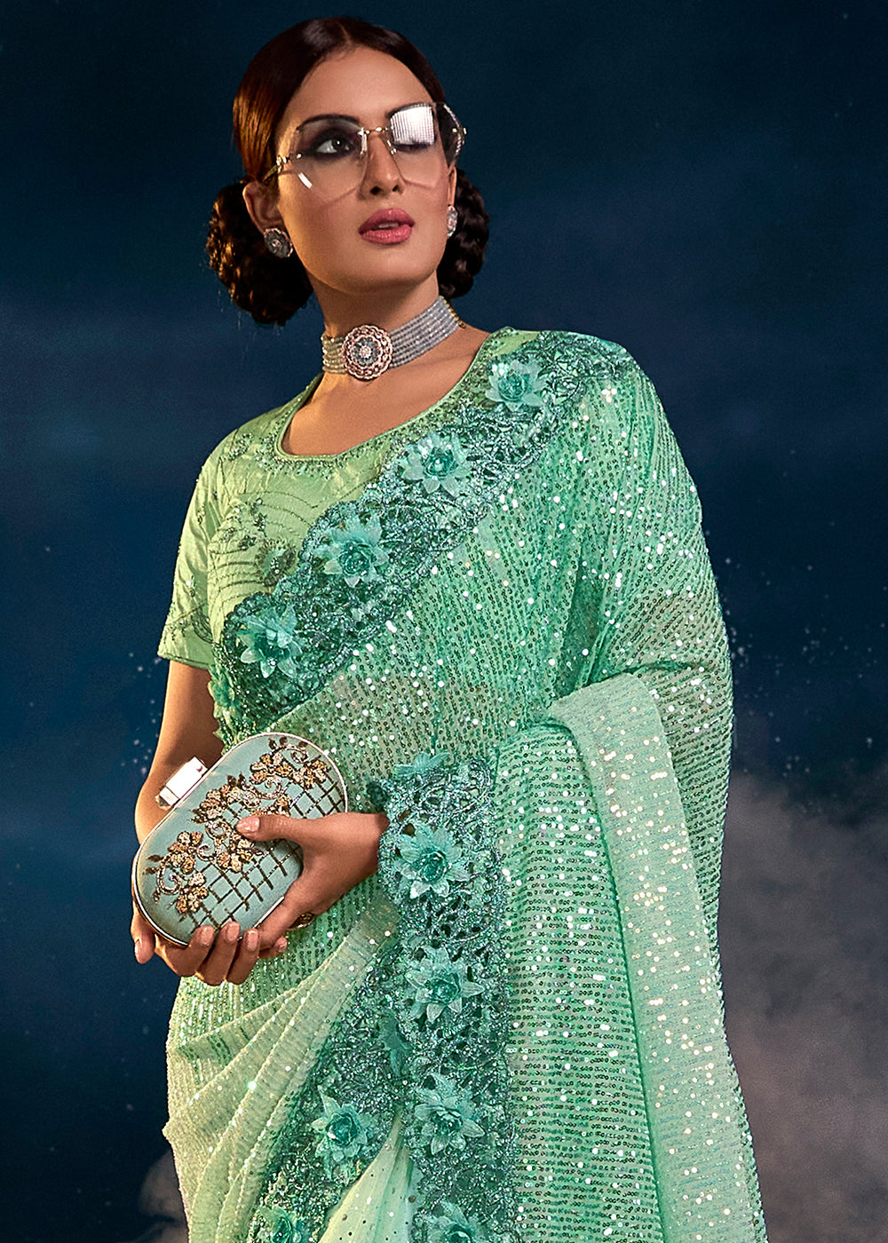 Stunning Sea Green Embroidered Saree with Intricate Detailing