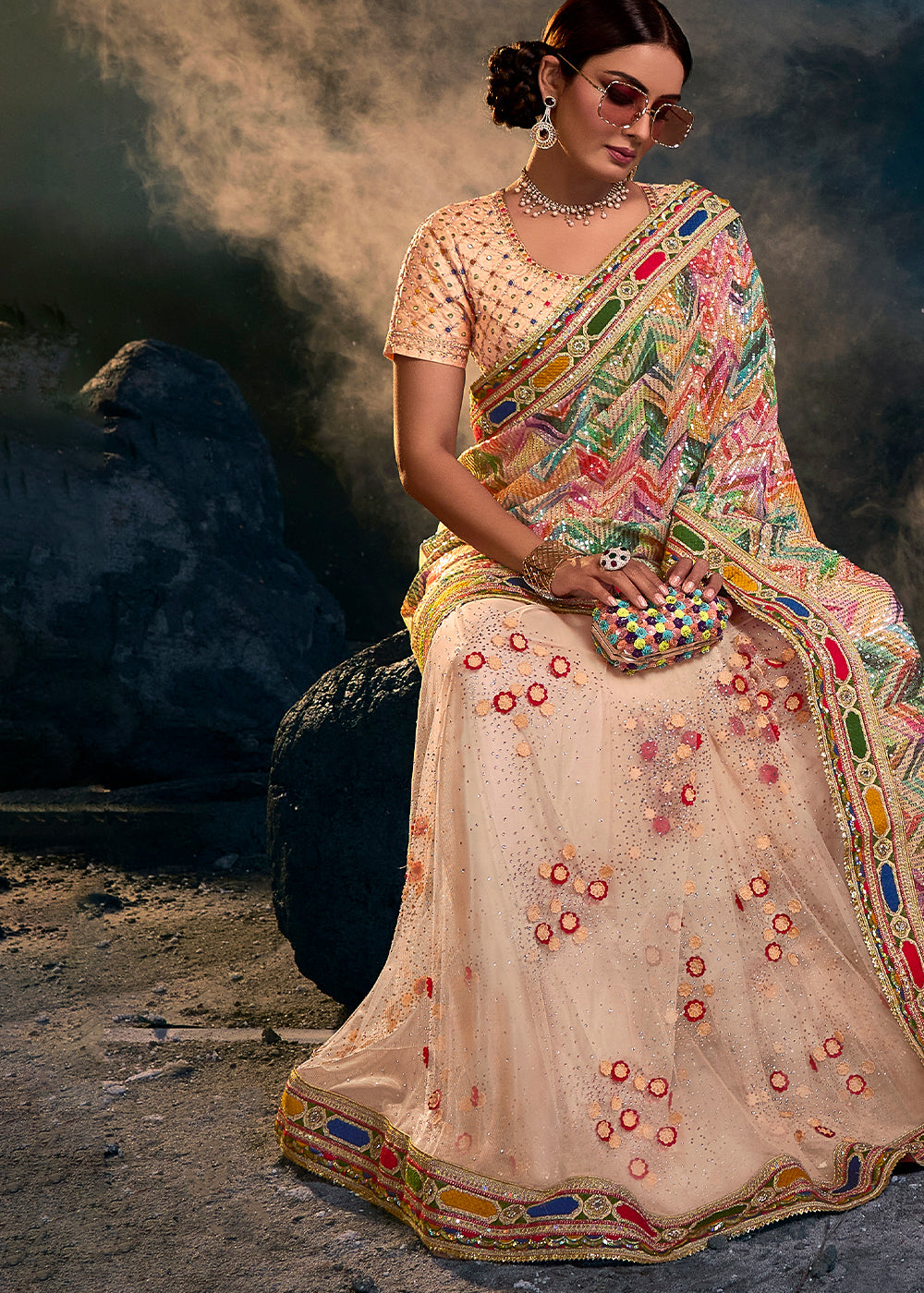 Elegant Cream Peach Embroidered Saree with Beautiful Detailing