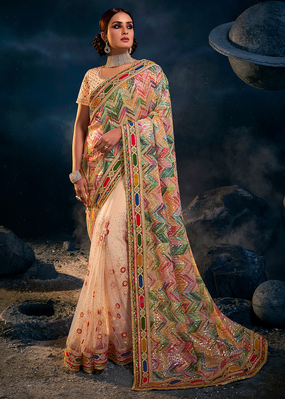 Elegant Cream Peach Embroidered Saree with Beautiful Detailing