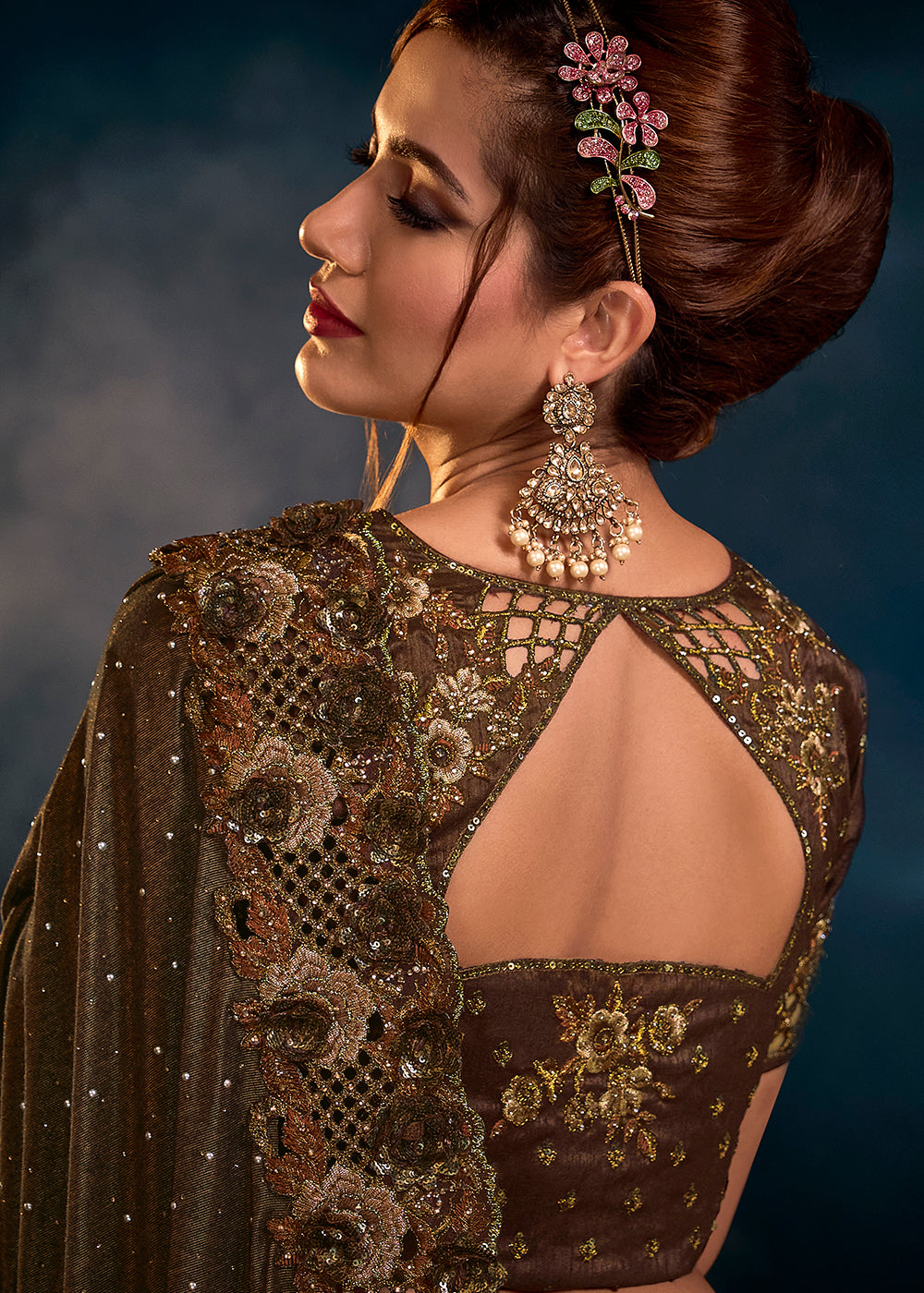 Sophisticated Brown Net Embroidered Saree with Intricate Detailing