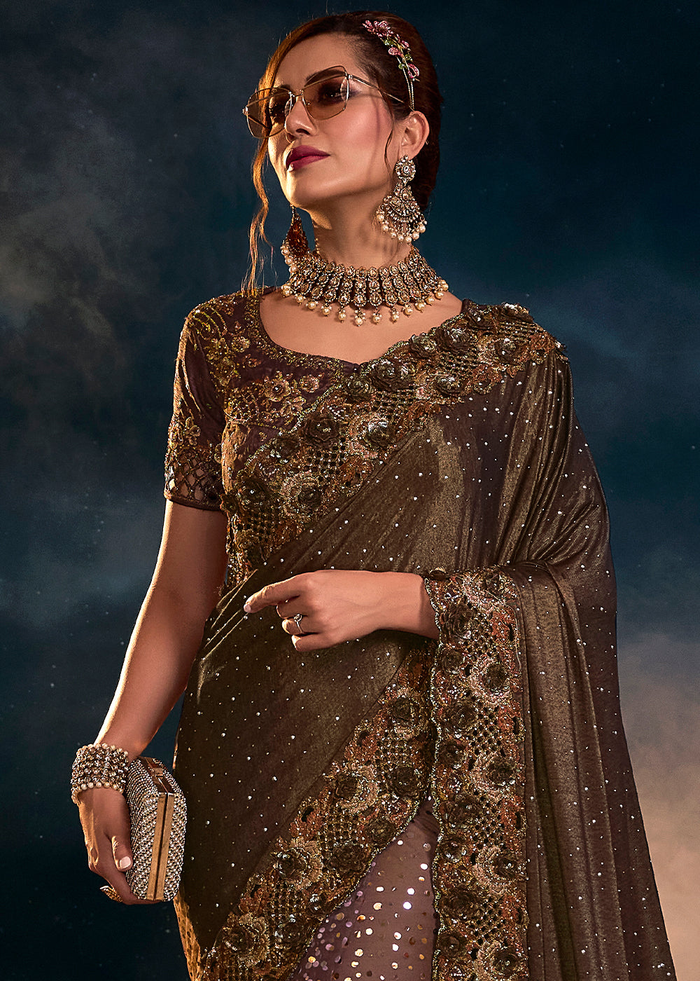 Sophisticated Brown Net Embroidered Saree with Intricate Detailing