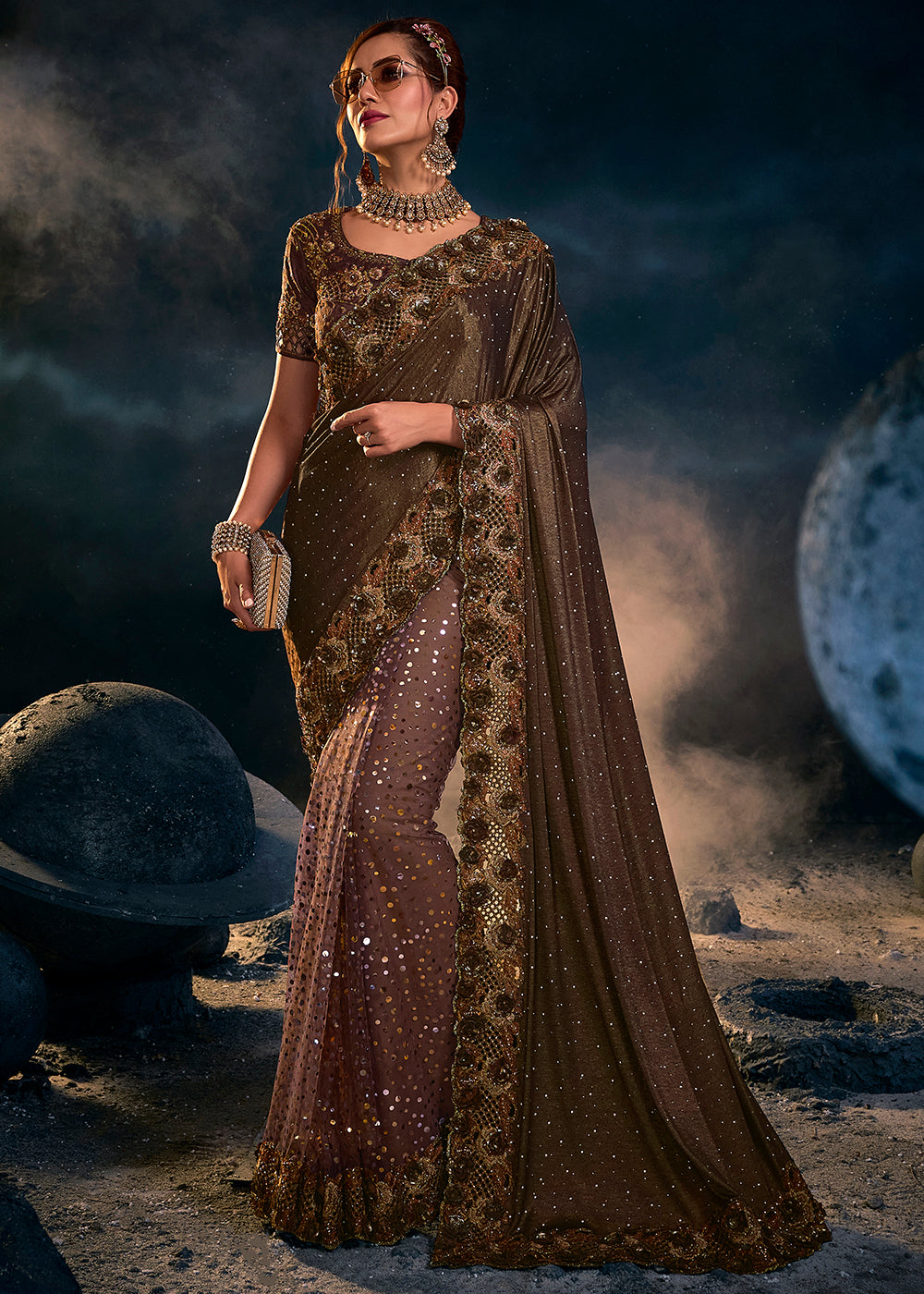 Sophisticated Brown Net Embroidered Saree with Intricate Detailing