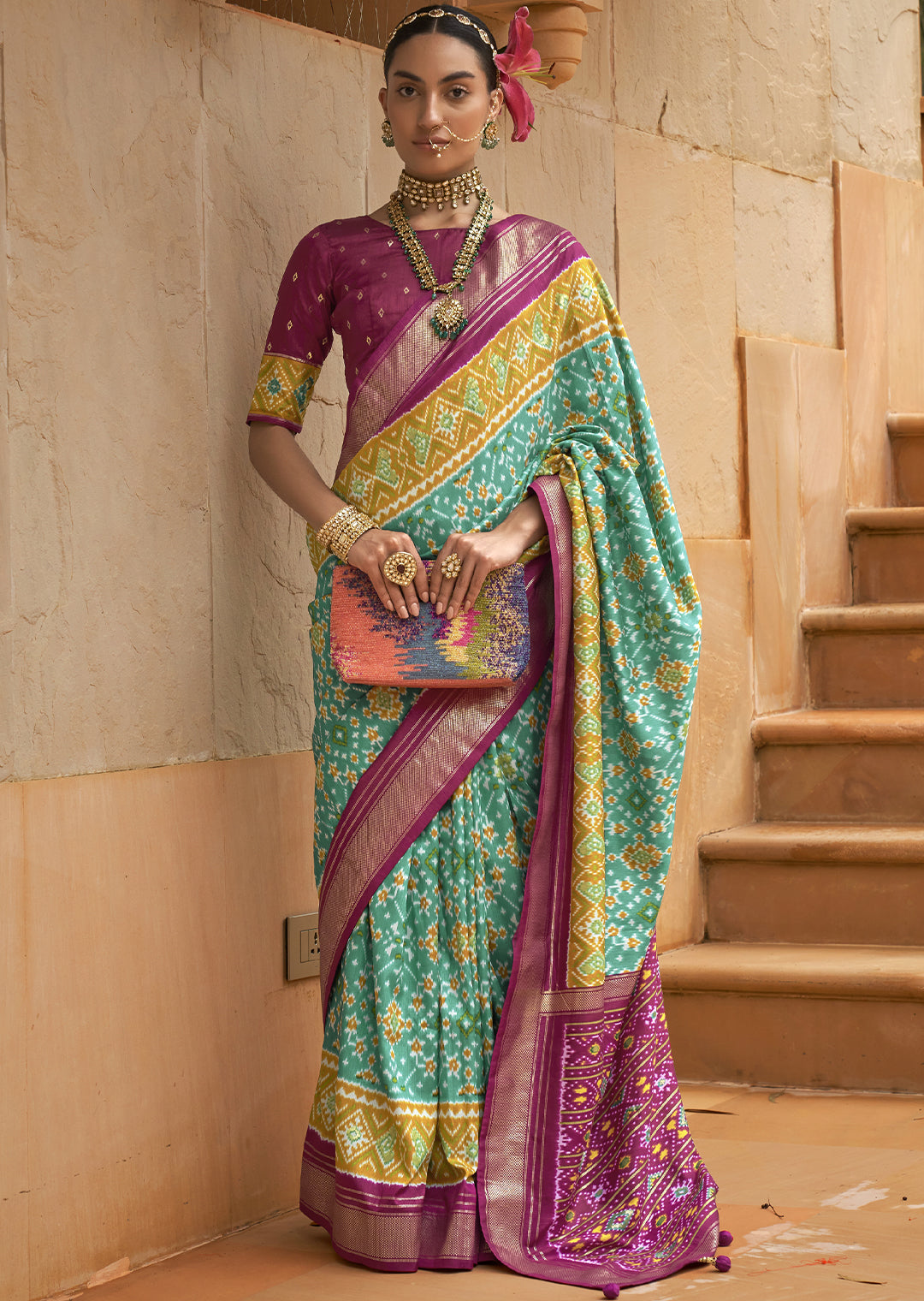 Refreshing Lawn Green Woven Patola Silk Saree for a Natural Look