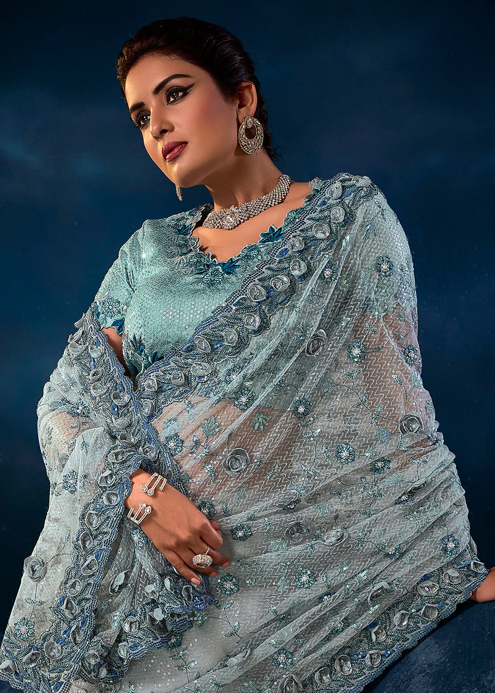 Elegant Sky Grey Applique Work Saree with Exquisite Detailing