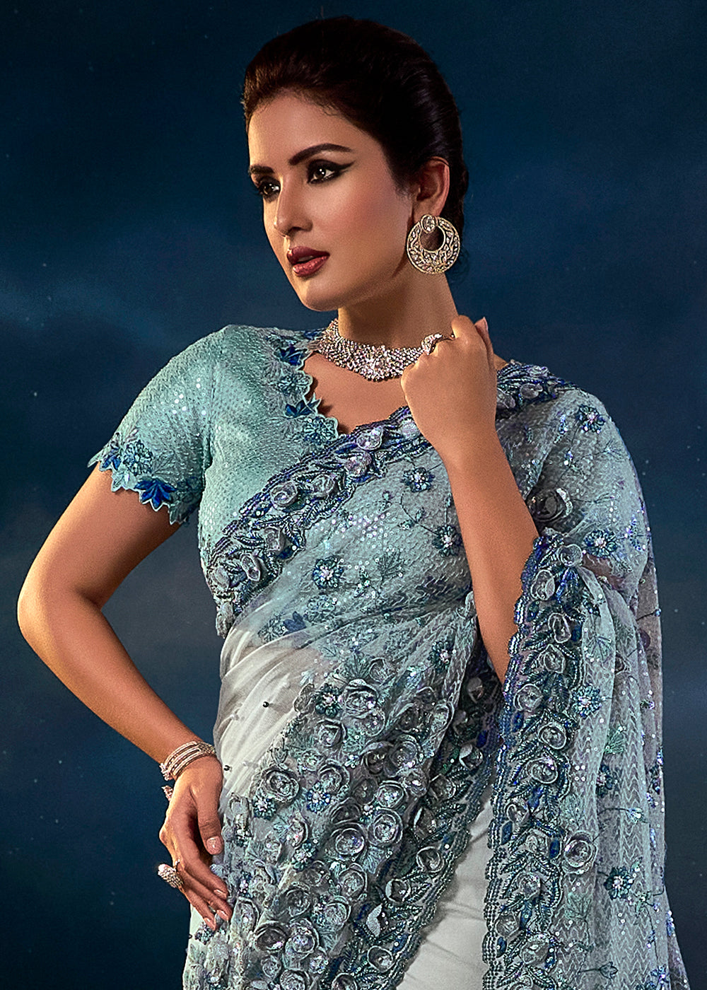 Elegant Sky Grey Applique Work Saree with Exquisite Detailing