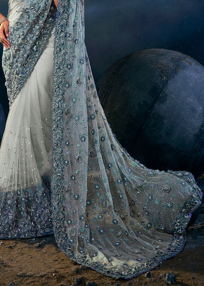 Elegant Sky Grey Applique Work Saree with Exquisite Detailing