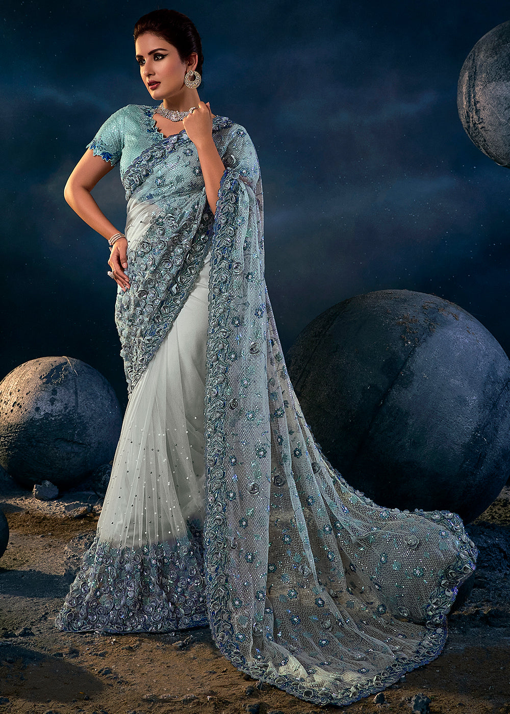 Elegant Sky Grey Applique Work Saree with Exquisite Detailing