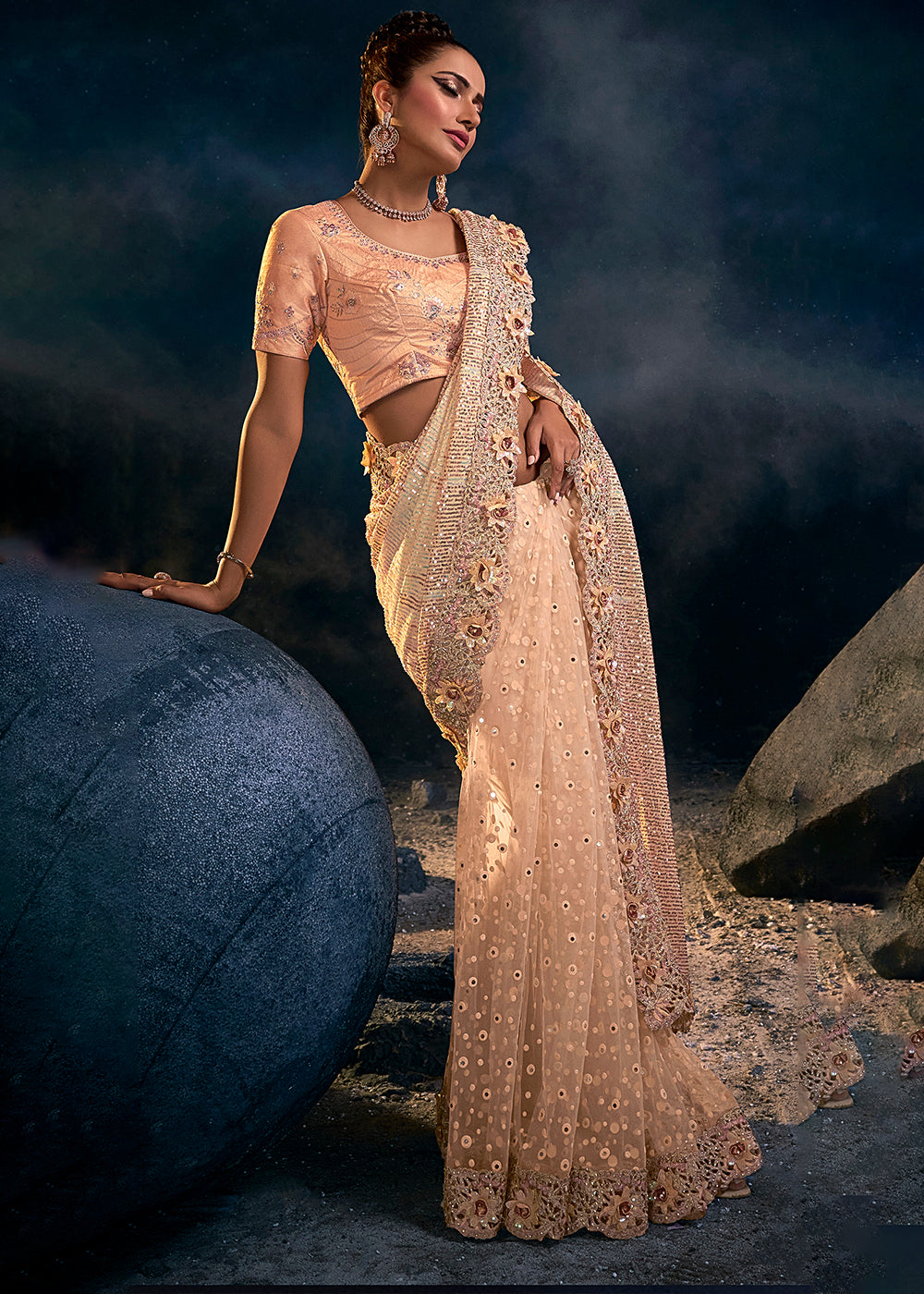 Charming Pale Peach Embroidered Saree with Exquisite Detailing