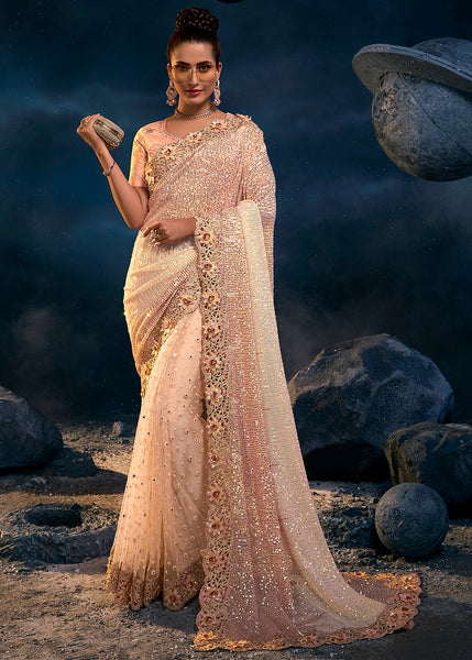 Charming Pale Peach Embroidered Saree with Exquisite Detailing