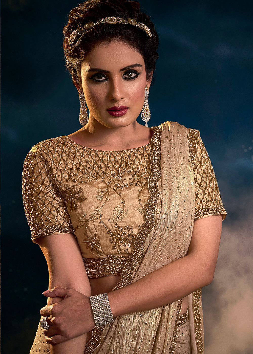 Opulent Golden Zari Embroidered Saree with Exquisite Detailing