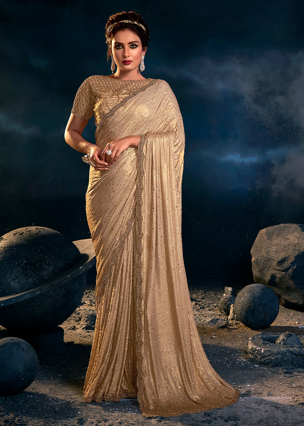 Opulent Golden Zari Embroidered Saree with Exquisite Detailing