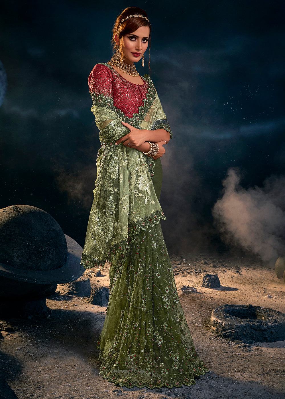 Ethereal Mint Green Net Embroidered Saree with Delicate Detailing