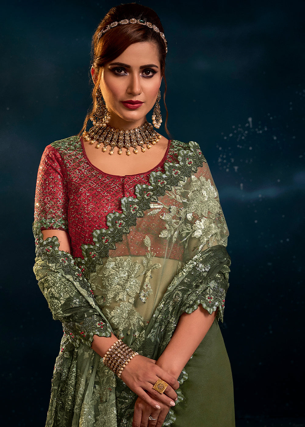 Ethereal Mint Green Net Embroidered Saree with Delicate Detailing