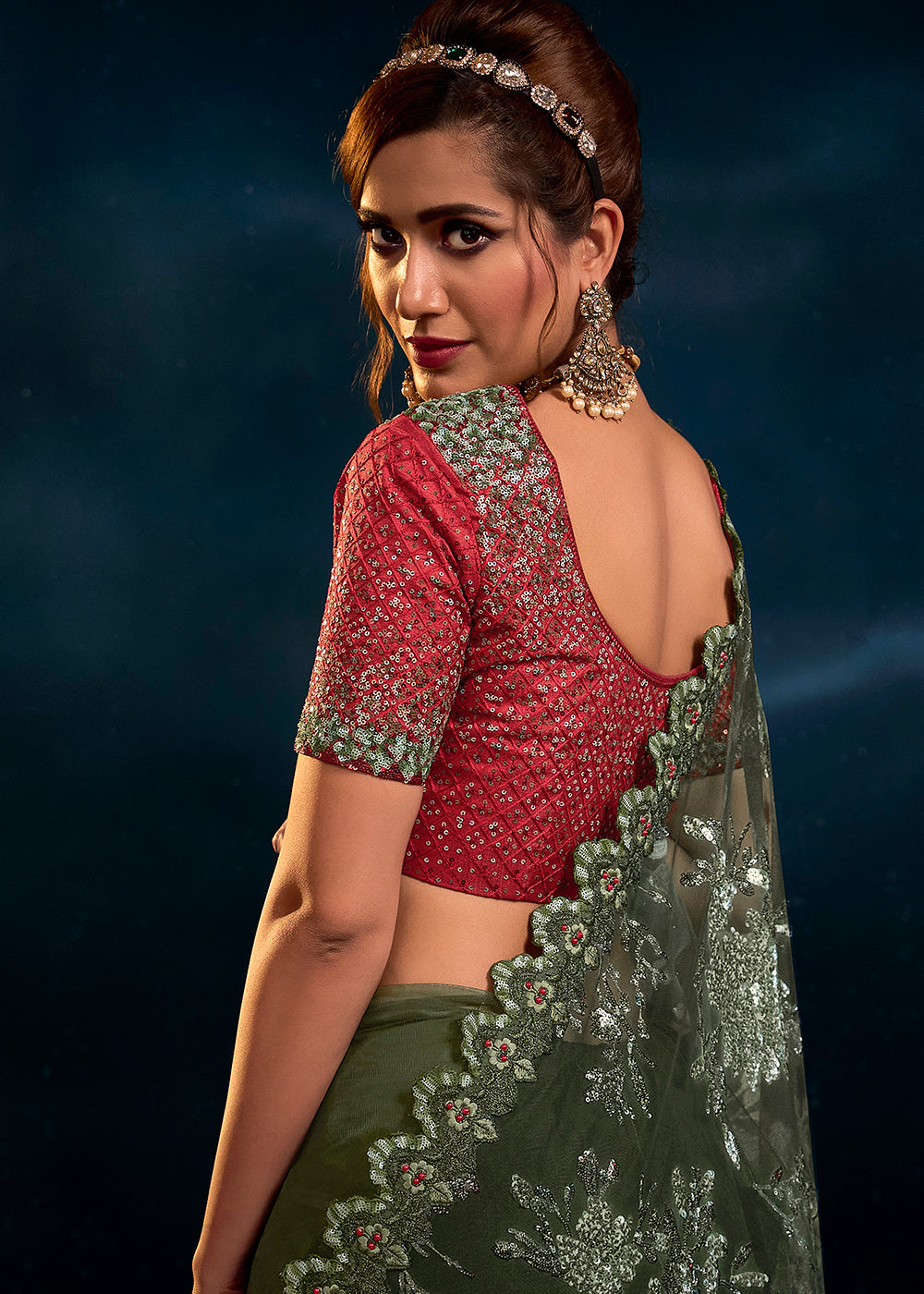 Ethereal Mint Green Net Embroidered Saree with Delicate Detailing