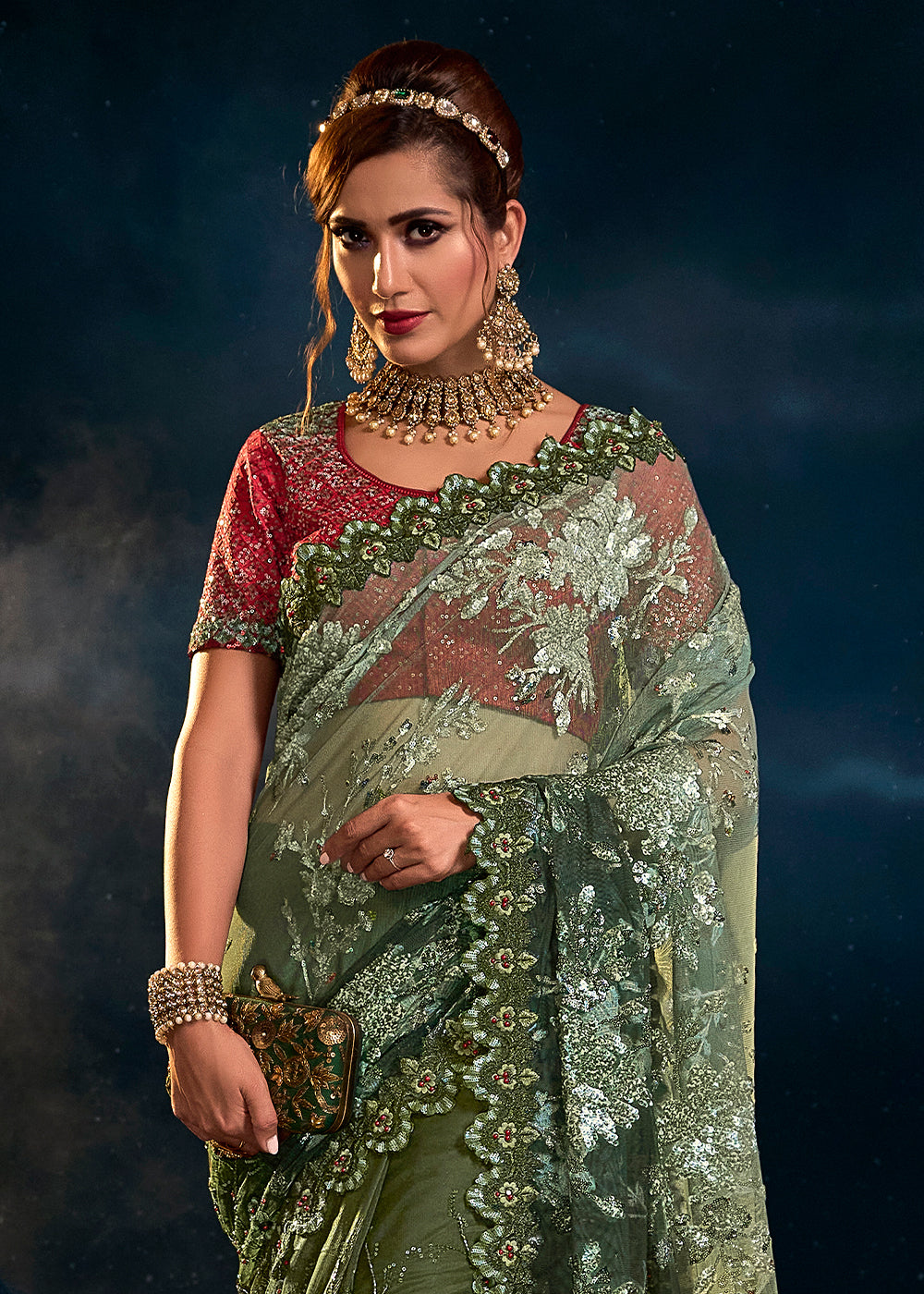 Ethereal Mint Green Net Embroidered Saree with Delicate Detailing