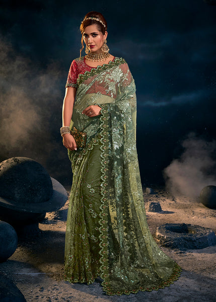 Ethereal Mint Green Net Embroidered Saree with Delicate Detailing