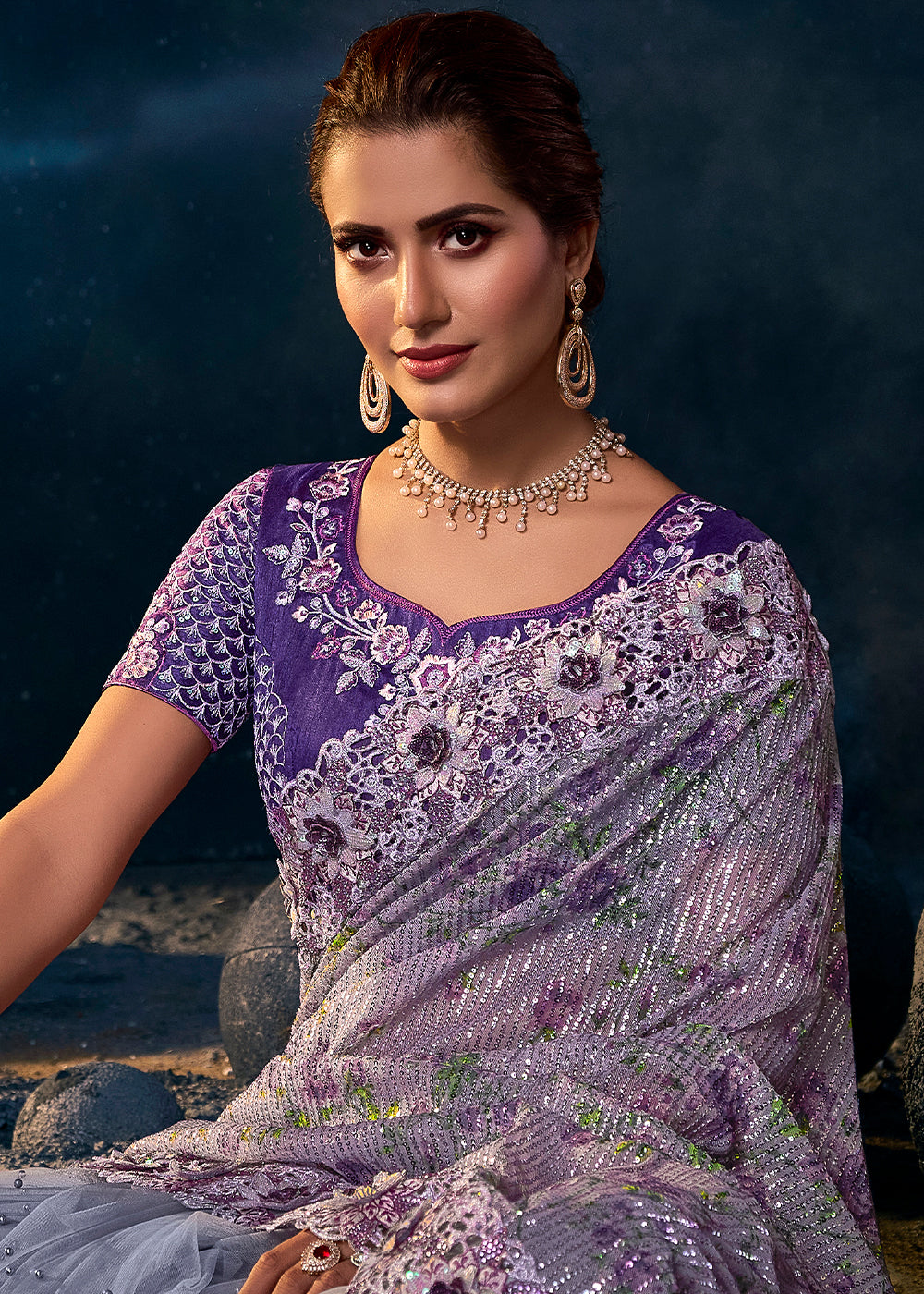 Regal Purple Sequin Embroidered Festive Saree with Dazzling Detailing