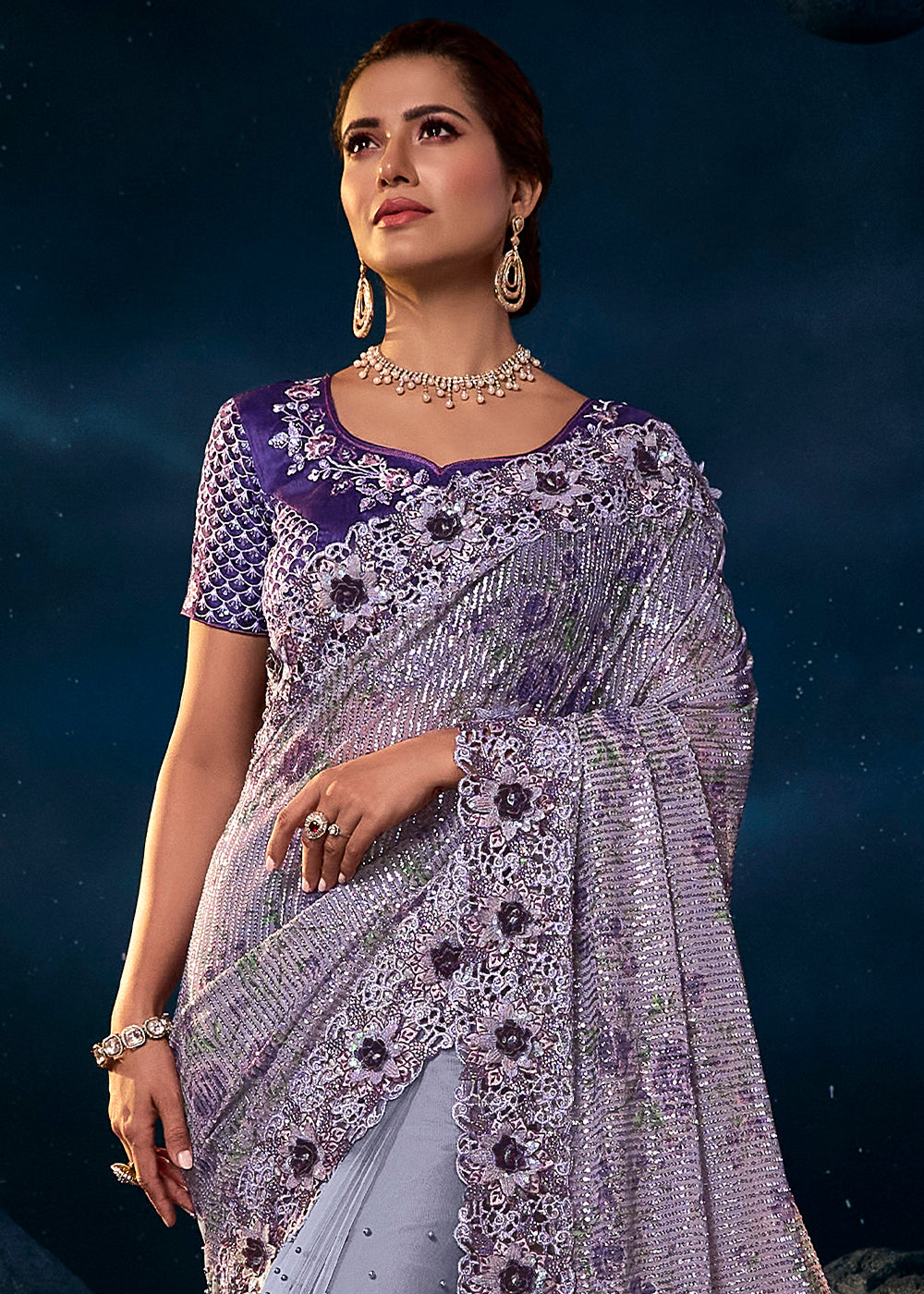 Regal Purple Sequin Embroidered Festive Saree with Dazzling Detailing