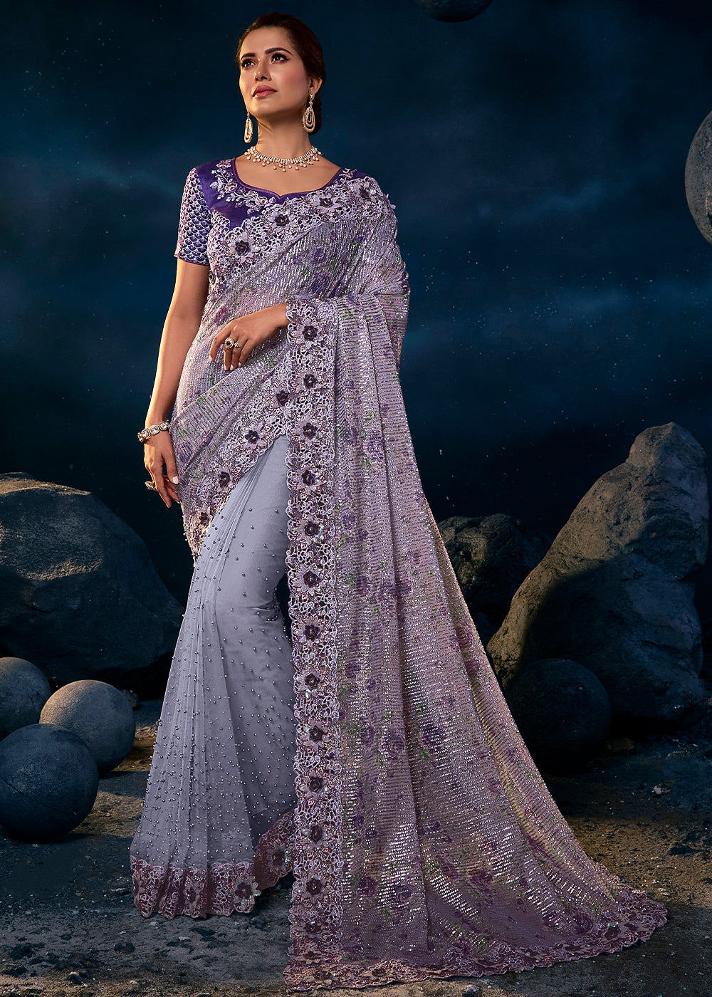 Regal Purple Sequin Embroidered Festive Saree with Dazzling Detailing