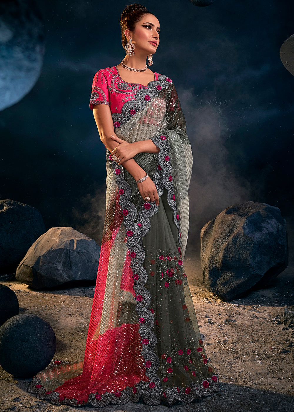 Graceful Pink and Grey Embroidered Saree with Elegant Detailing