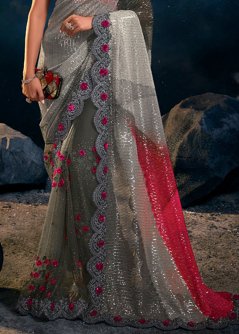 Graceful Pink and Grey Embroidered Saree with Elegant Detailing