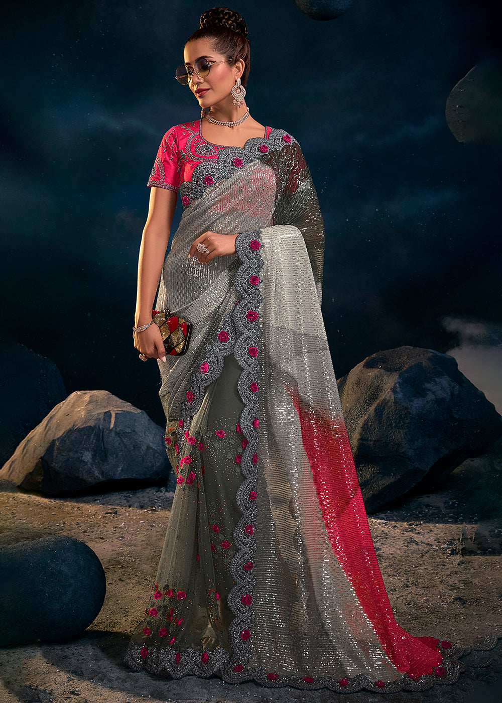 Graceful Pink and Grey Embroidered Saree with Elegant Detailing