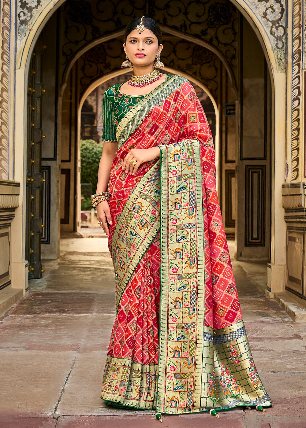 Captivating Pink and Red Raw Silk Saree for Bold Elegance