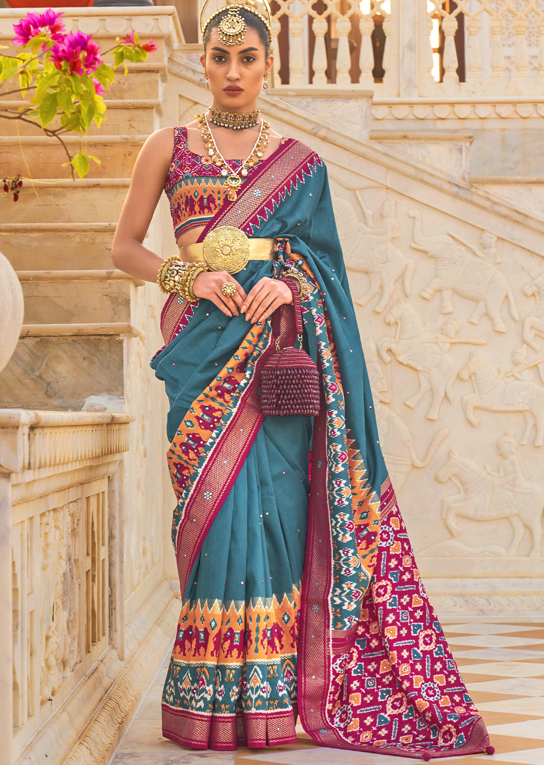 Stunning Stone Blue Woven Patola Silk Saree