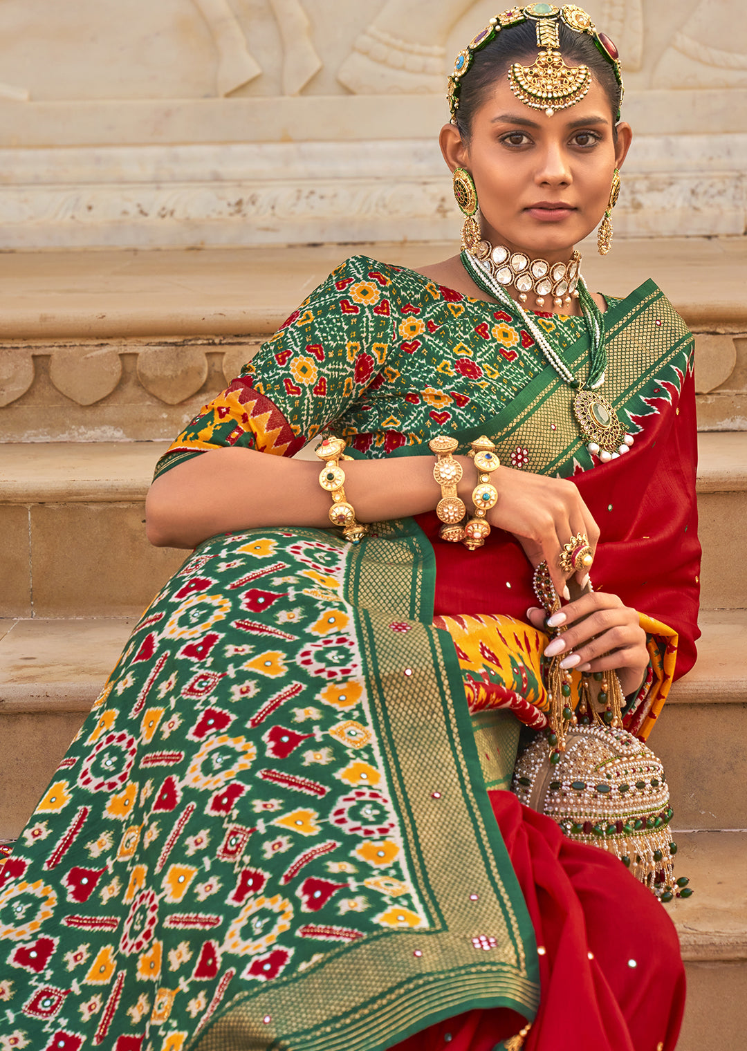 Exquisite Rose Red Woven Patola Silk Saree