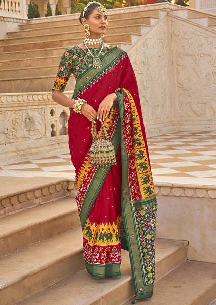 Exquisite Rose Red Woven Patola Silk Saree