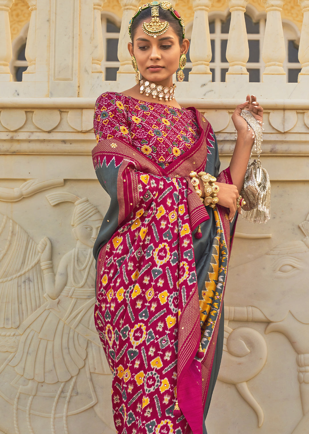 Sophisticated Slate Grey Woven Patola Silk Saree