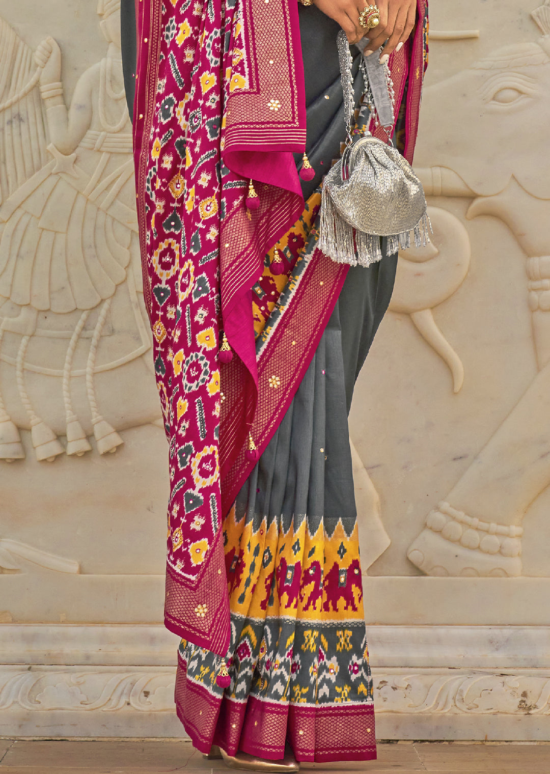 Elevate your Style with the Sophisticated Slate Grey Woven Patola Silk Saree