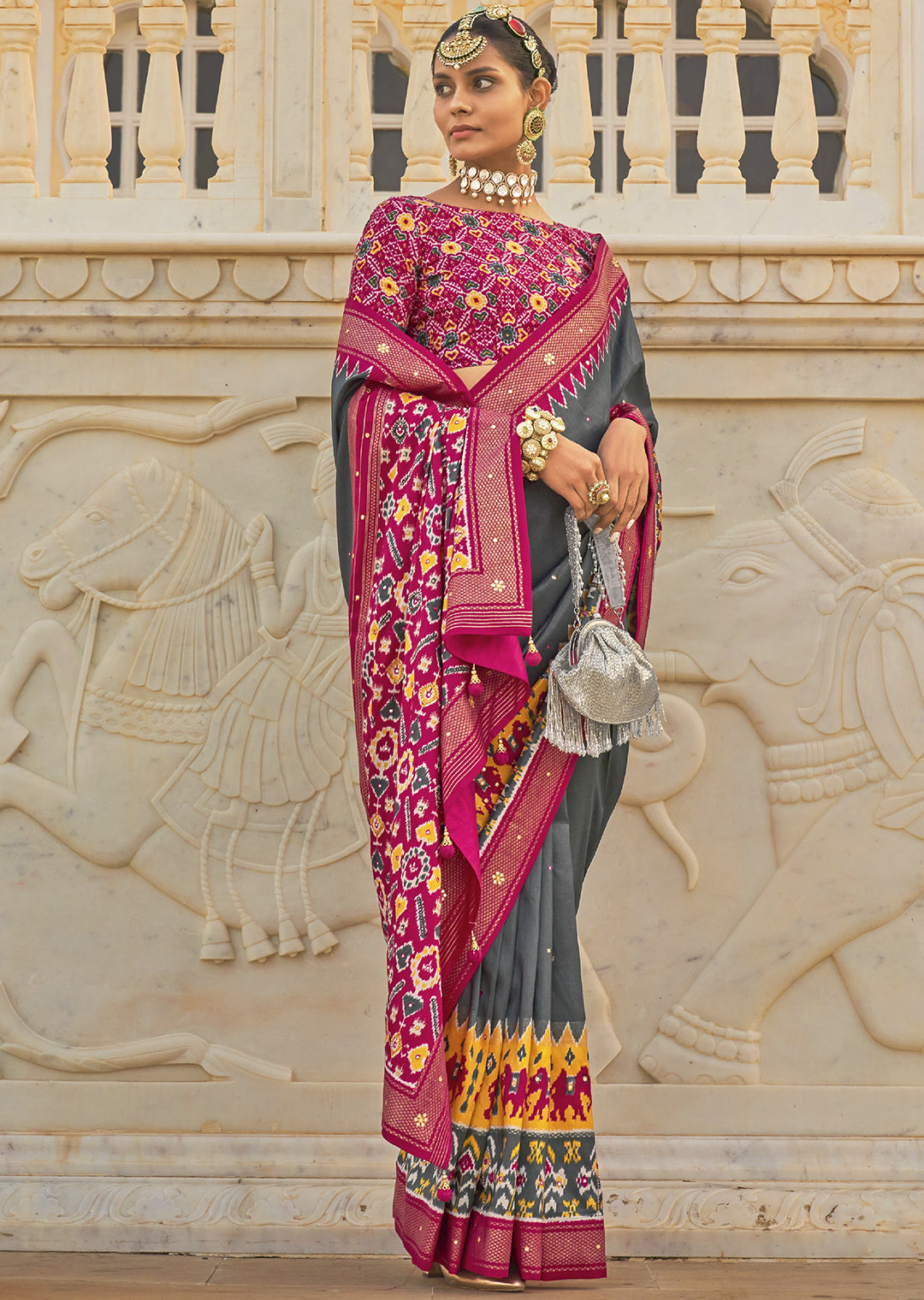 Sophisticated Slate Grey Woven Patola Silk Saree