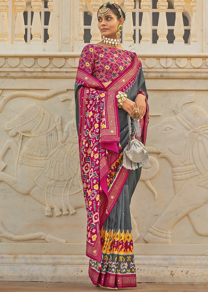 Elevate your Style with the Sophisticated Slate Grey Woven Patola Silk Saree