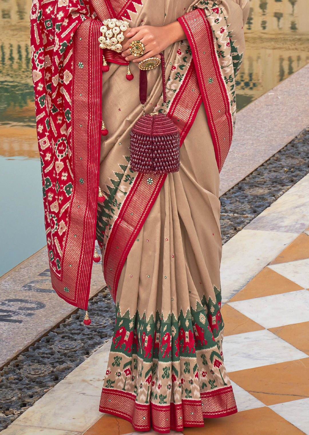 Soothing Sand Beige Woven Patola Silk Saree