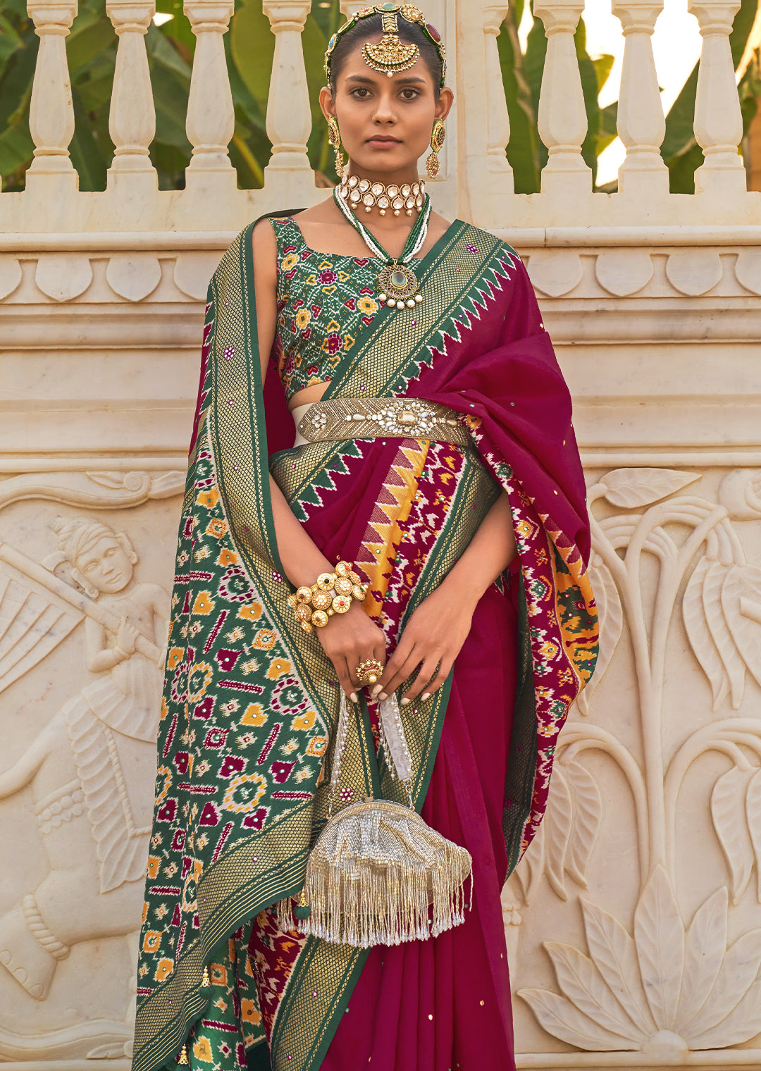 Radiant and Timeless: The Candy Wine Red Woven Patola Silk Saree